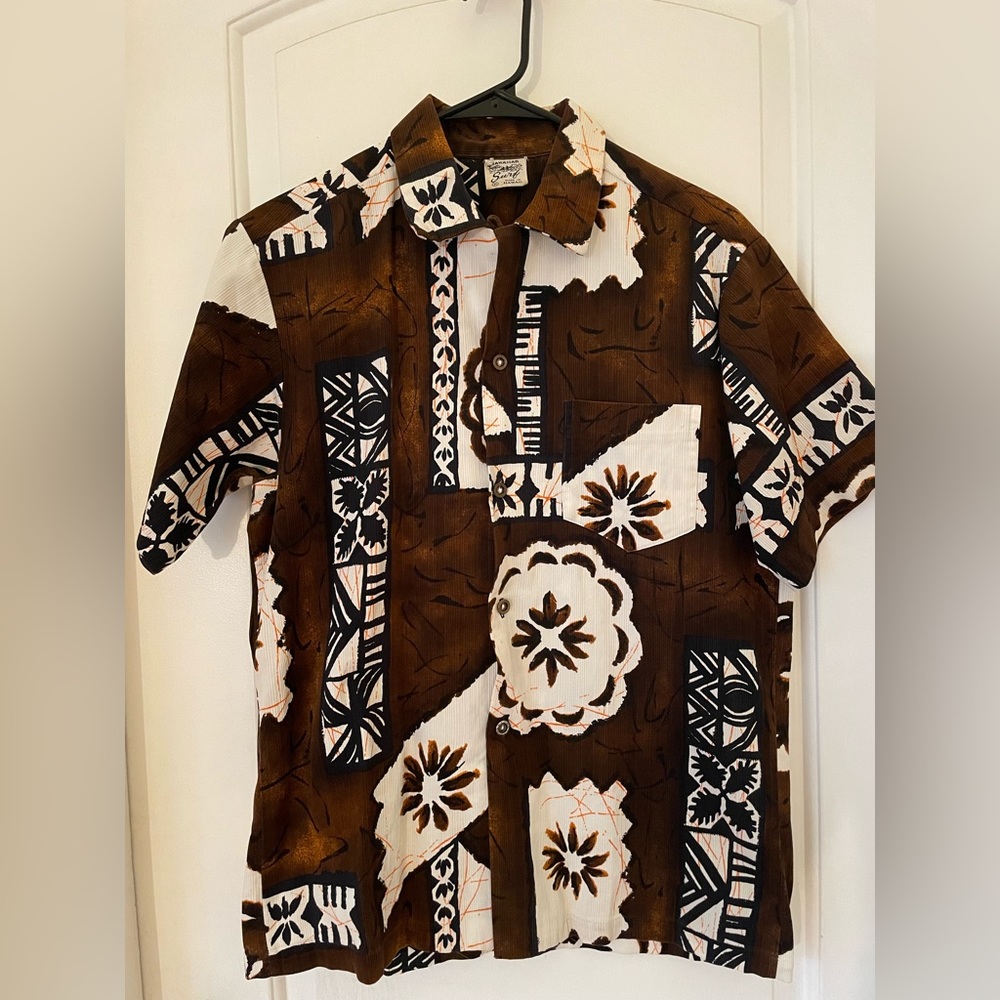 RARE VINTAGE Hawaiian Surf Aloha Shirt - Brown Bark Cloth - Size S